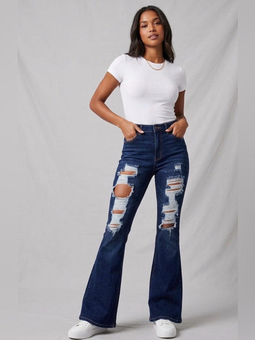 Cello High Rise Distressed Dark Wash Flare Jeans Size 3